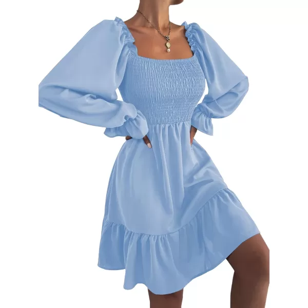 LYANER Women's Square Neck Lantern Long Sleeve Ruffle Shirred Flowy Party Mini Dress
