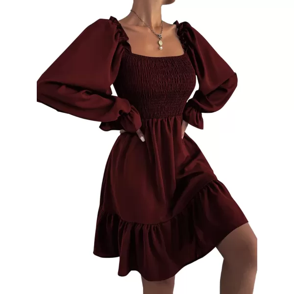 LYANER Women's Square Neck Lantern Long Sleeve Ruffle Shirred Flowy Party Mini Dress