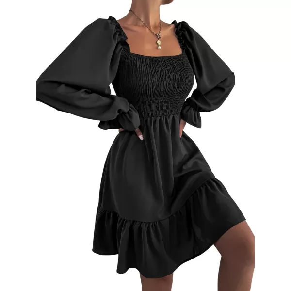 LYANER Women's Square Neck Lantern Long Sleeve Ruffle Shirred Flowy Party Mini Dress