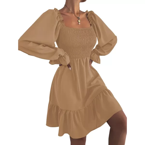 LYANER Women's Square Neck Lantern Long Sleeve Ruffle Shirred Flowy Party Mini Dress