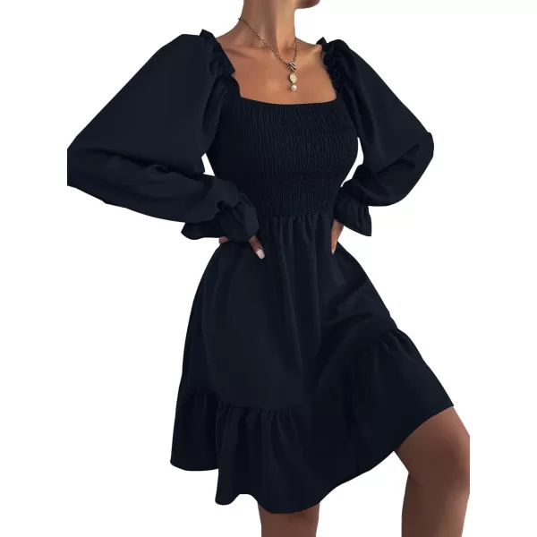 LYANER Women's Square Neck Lantern Long Sleeve Ruffle Shirred Flowy Party Mini Dress