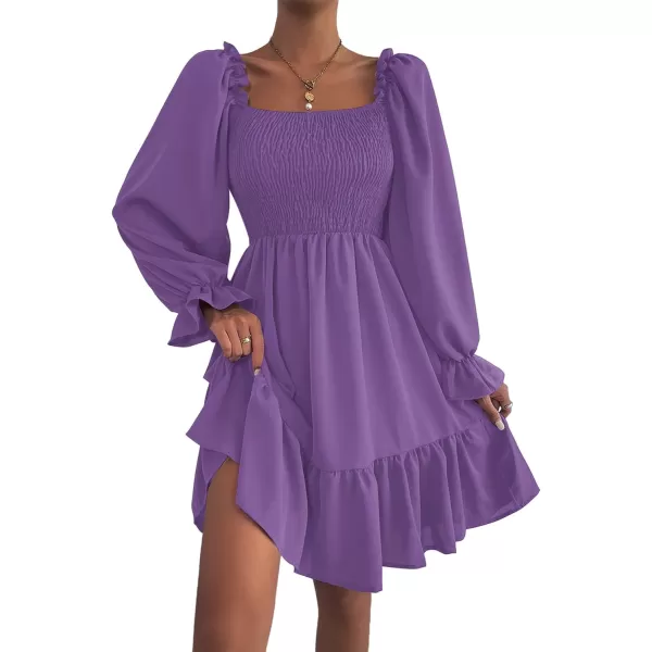 LYANER Women's Square Neck Lantern Long Sleeve Ruffle Shirred Flowy Party Mini Dress