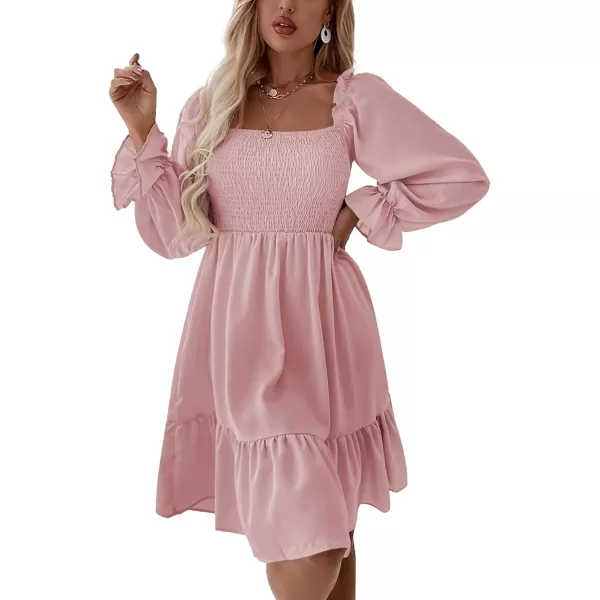 LYANER Women's Square Neck Lantern Long Sleeve Ruffle Shirred Flowy Party Mini Dress