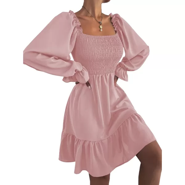 LYANER Women's Square Neck Lantern Long Sleeve Ruffle Shirred Flowy Party Mini Dress