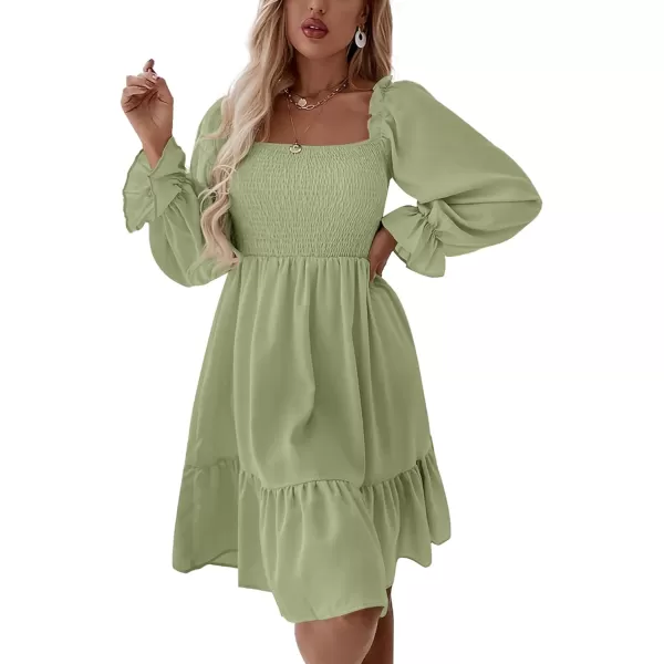 LYANER Women's Square Neck Lantern Long Sleeve Ruffle Shirred Flowy Party Mini Dress
