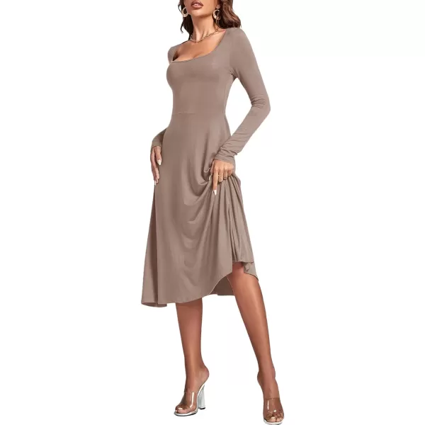 LYANER Women's Square Neck Long Sleeve Empire Waist A Line Flare Solid Midi Dress