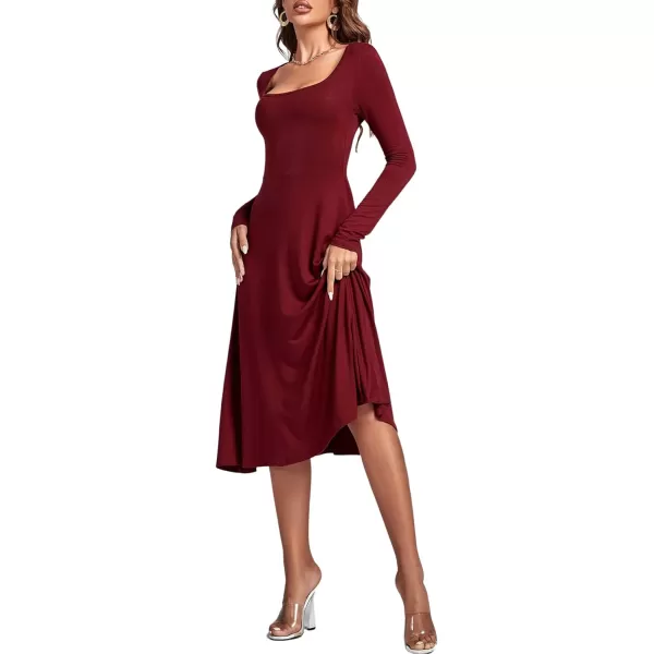 LYANER Women's Square Neck Long Sleeve Empire Waist A Line Flare Solid Midi Dress