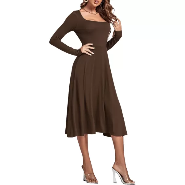 LYANER Women's Square Neck Long Sleeve Empire Waist A Line Flare Solid Midi Dress