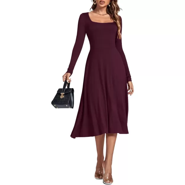 LYANER Women's Square Neck Long Sleeve Empire Waist A Line Flare Solid Midi Dress