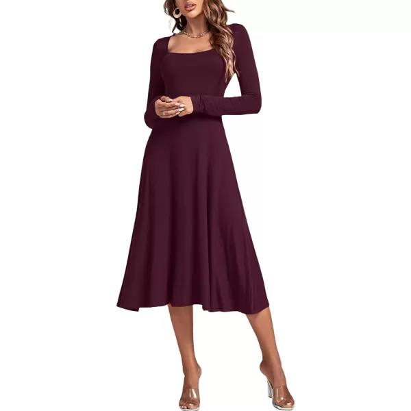 LYANER Women's Square Neck Long Sleeve Empire Waist A Line Flare Solid Midi Dress