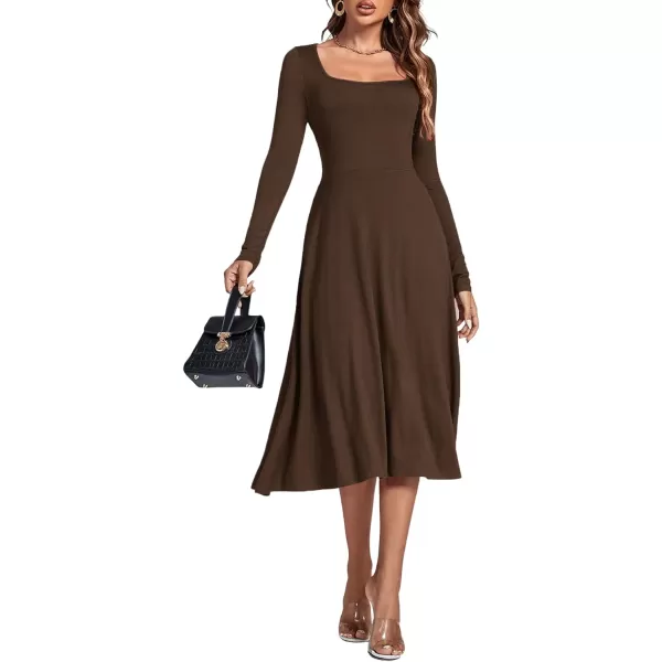 LYANER Women's Square Neck Long Sleeve Empire Waist A Line Flare Solid Midi Dress