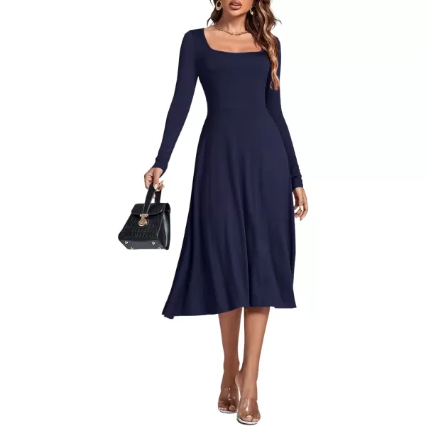 LYANER Women's Square Neck Long Sleeve Empire Waist A Line Flare Solid Midi Dress