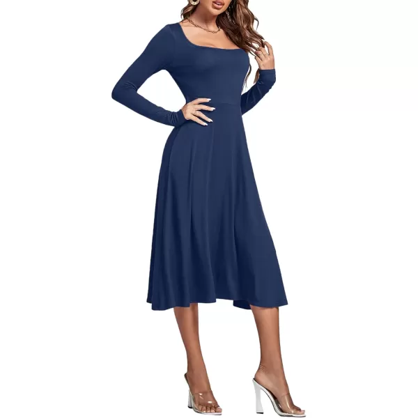 LYANER Women's Square Neck Long Sleeve Empire Waist A Line Flare Solid Midi Dress