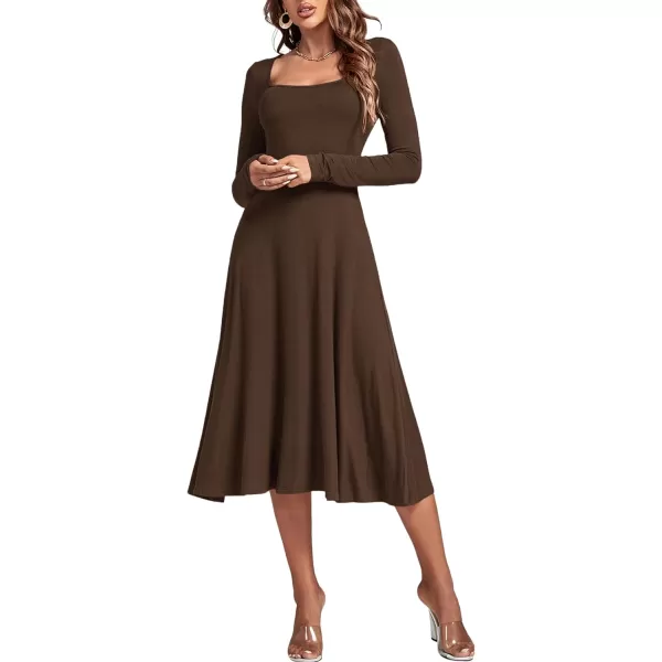 LYANER Women's Square Neck Long Sleeve Empire Waist A Line Flare Solid Midi Dress