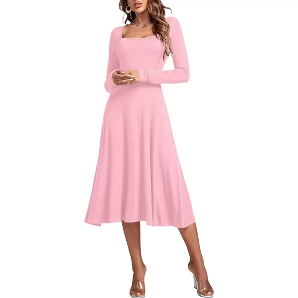 LYANER Women's Square Neck Long Sleeve Empire Waist A Line Flare Solid Midi Dress