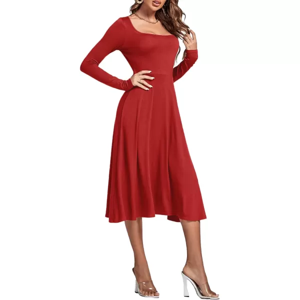 LYANER Women's Square Neck Long Sleeve Empire Waist A Line Flare Solid Midi Dress