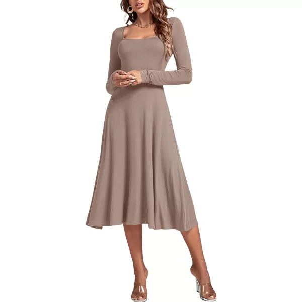 LYANER Women's Square Neck Long Sleeve Empire Waist A Line Flare Solid Midi Dress