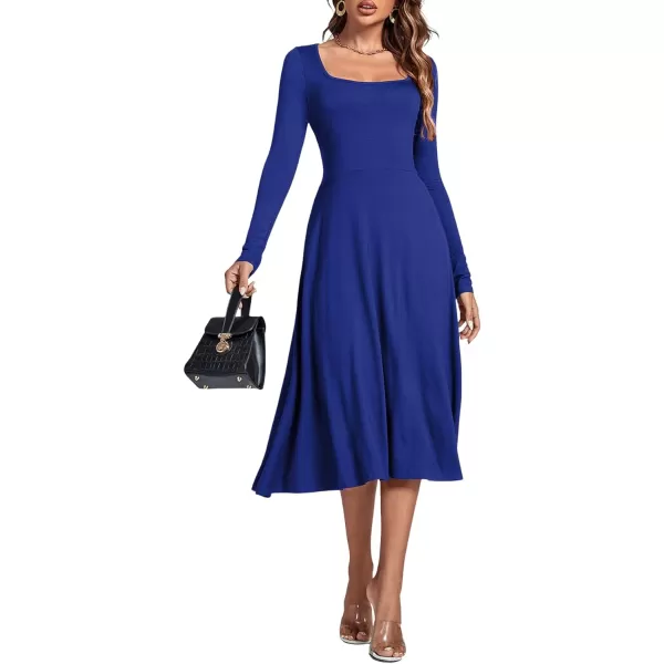 LYANER Women's Square Neck Long Sleeve Empire Waist A Line Flare Solid Midi Dress