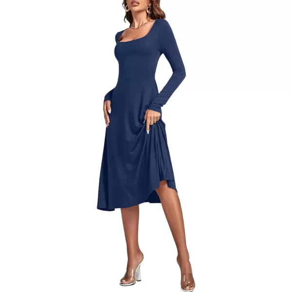 LYANER Women's Square Neck Long Sleeve Empire Waist A Line Flare Solid Midi Dress