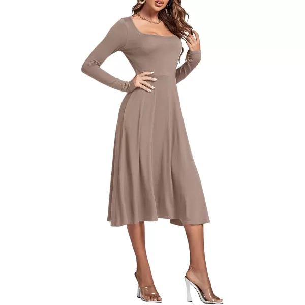 LYANER Women's Square Neck Long Sleeve Empire Waist A Line Flare Solid Midi Dress