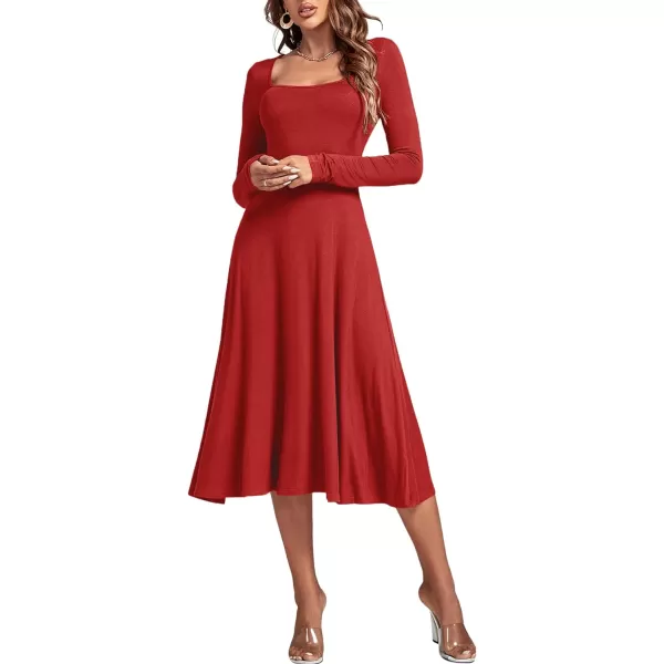 LYANER Women's Square Neck Long Sleeve Empire Waist A Line Flare Solid Midi Dress