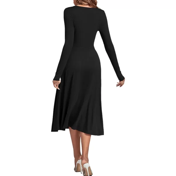 LYANER Women's Square Neck Long Sleeve Empire Waist A Line Flare Solid Midi Dress