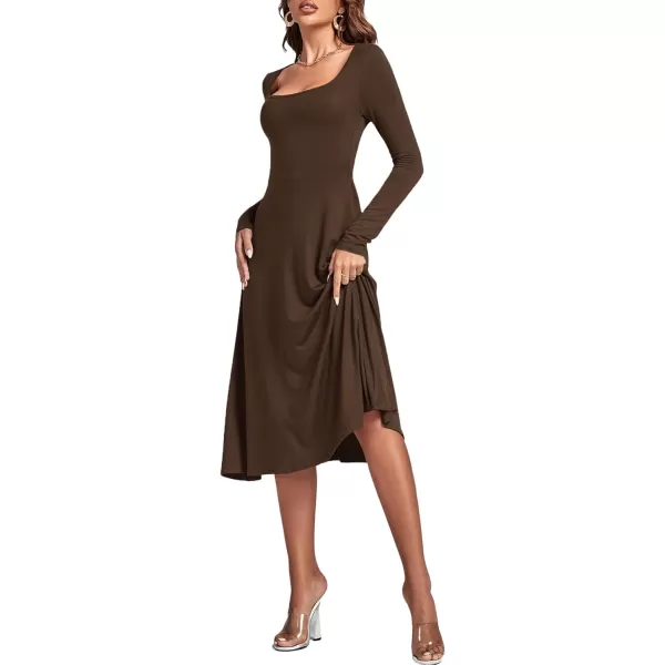 LYANER Women's Square Neck Long Sleeve Empire Waist A Line Flare Solid Midi Dress