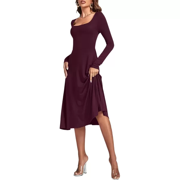 LYANER Women's Square Neck Long Sleeve Empire Waist A Line Flare Solid Midi Dress