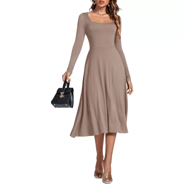 LYANER Women's Square Neck Long Sleeve Empire Waist A Line Flare Solid Midi Dress