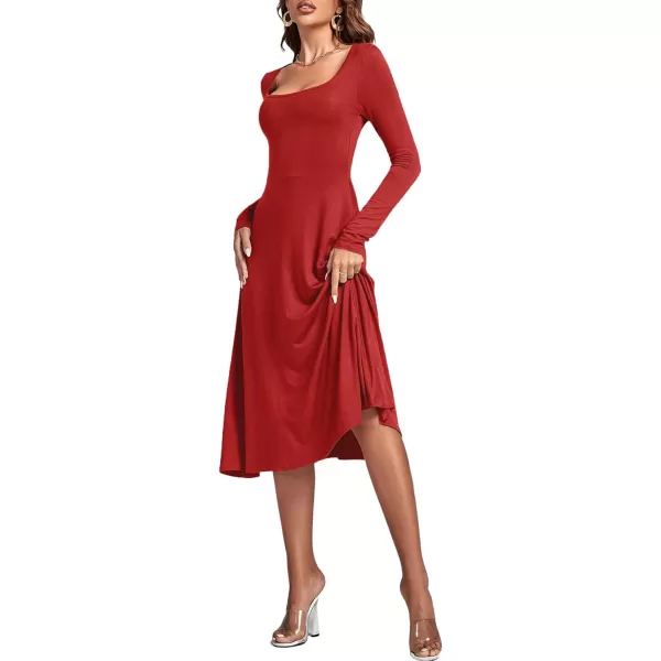LYANER Women's Square Neck Long Sleeve Empire Waist A Line Flare Solid Midi Dress