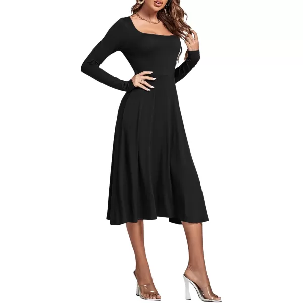LYANER Women's Square Neck Long Sleeve Empire Waist A Line Flare Solid Midi Dress