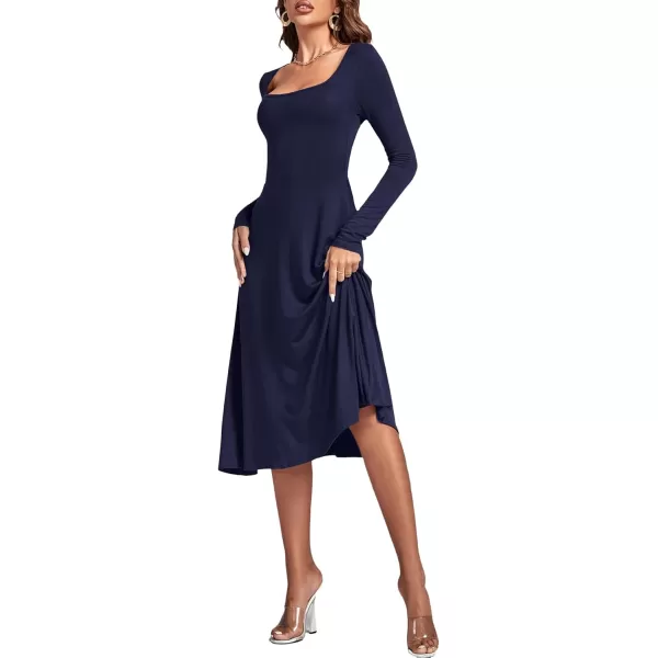 LYANER Women's Square Neck Long Sleeve Empire Waist A Line Flare Solid Midi Dress