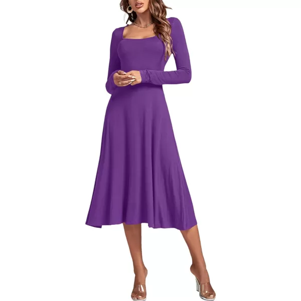 LYANER Women's Square Neck Long Sleeve Empire Waist A Line Flare Solid Midi Dress