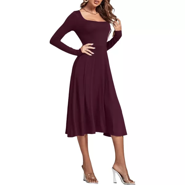 LYANER Women's Square Neck Long Sleeve Empire Waist A Line Flare Solid Midi Dress