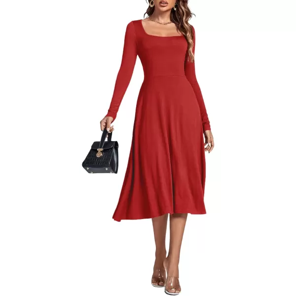 LYANER Women's Square Neck Long Sleeve Empire Waist A Line Flare Solid Midi Dress