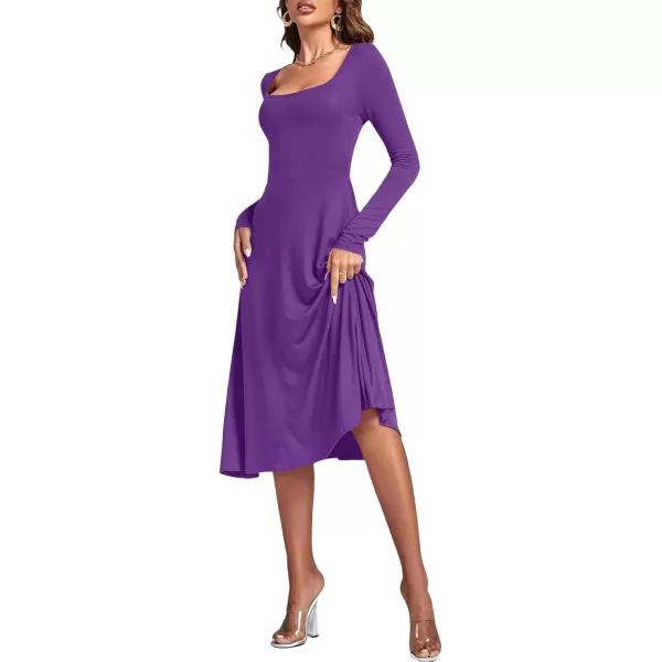 LYANER Women's Square Neck Long Sleeve Empire Waist A Line Flare Solid Midi Dress