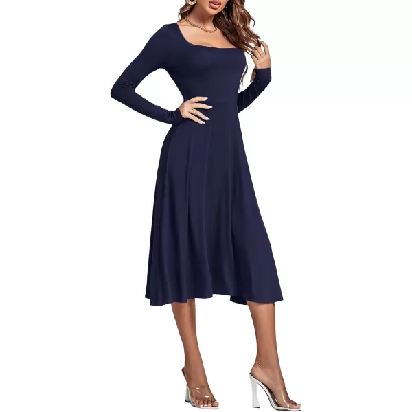 LYANER Women's Square Neck Long Sleeve Empire Waist A Line Flare Solid Midi Dress