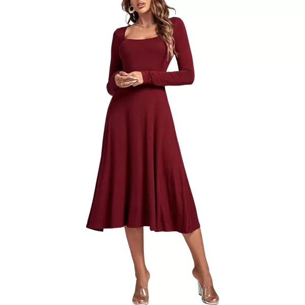 LYANER Women's Square Neck Long Sleeve Empire Waist A Line Flare Solid Midi Dress