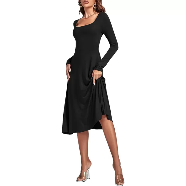 LYANER Women's Square Neck Long Sleeve Empire Waist A Line Flare Solid Midi Dress