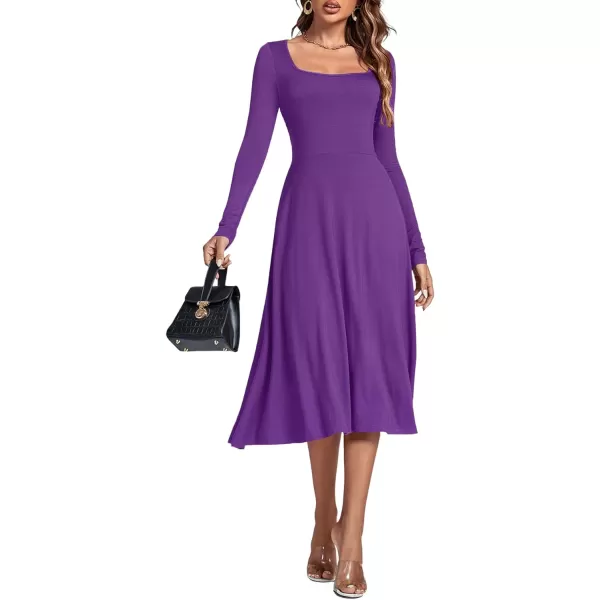 LYANER Women's Square Neck Long Sleeve Empire Waist A Line Flare Solid Midi Dress