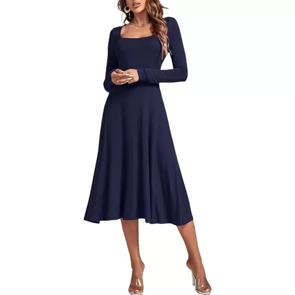 LYANER Women's Square Neck Long Sleeve Empire Waist A Line Flare Solid Midi Dress