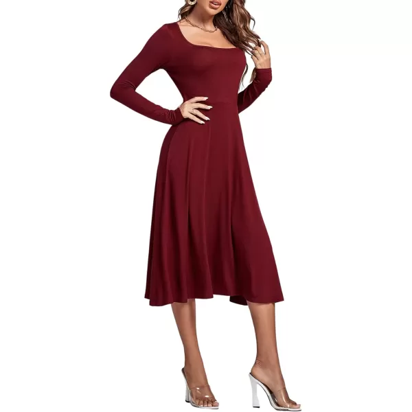 LYANER Women's Square Neck Long Sleeve Empire Waist A Line Flare Solid Midi Dress