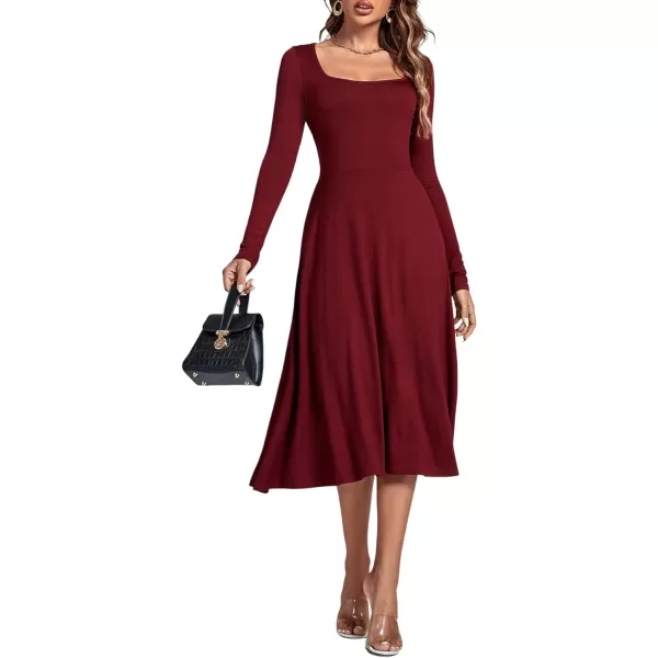LYANER Women's Square Neck Long Sleeve Empire Waist A Line Flare Solid Midi Dress