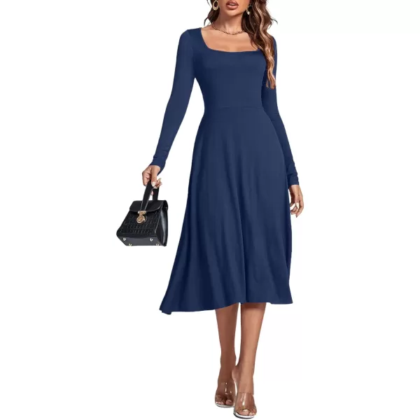 LYANER Women's Square Neck Long Sleeve Empire Waist A Line Flare Solid Midi Dress
