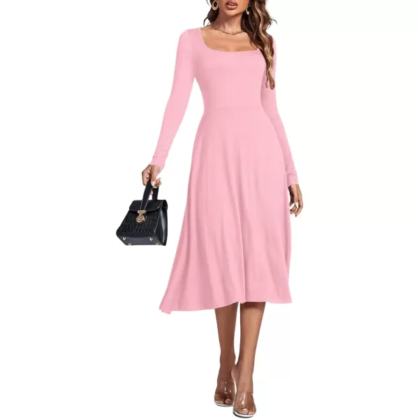 LYANER Women's Square Neck Long Sleeve Empire Waist A Line Flare Solid Midi Dress