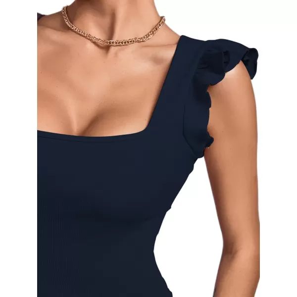 LYANER Women's Square Neck Ruffle Cap Sleeve Ribbed Knit Solid Slim Fit Tee Top