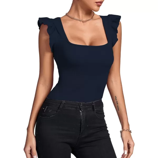 LYANER Women's Square Neck Ruffle Cap Sleeve Ribbed Knit Solid Slim Fit Tee Top
