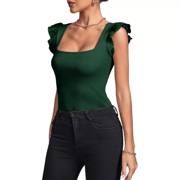 LYANER Women's Square Neck Ruffle Cap Sleeve Ribbed Knit Solid Slim Fit Tee Top