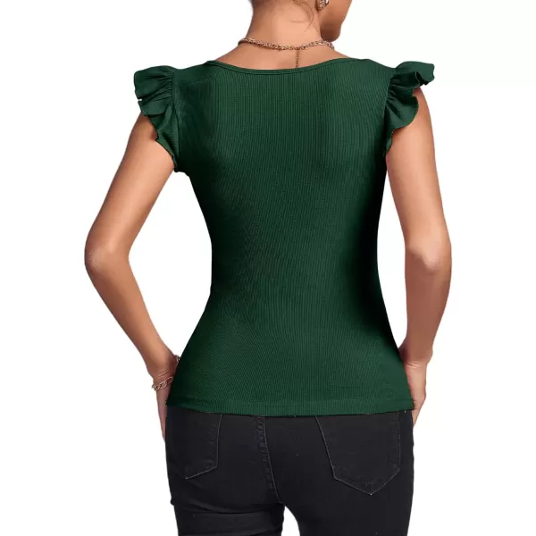 LYANER Women's Square Neck Ruffle Cap Sleeve Ribbed Knit Solid Slim Fit Tee Top