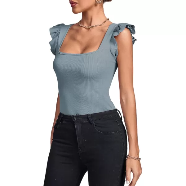 LYANER Women's Square Neck Ruffle Cap Sleeve Ribbed Knit Solid Slim Fit Tee Top
